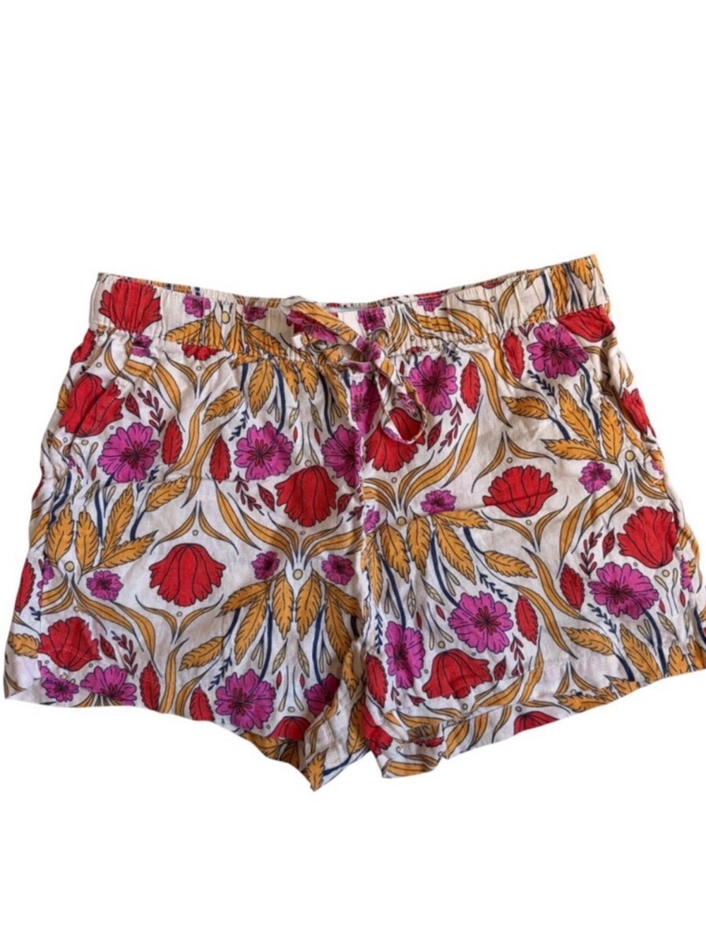 Rachel Zoe Floral Drawstring Shorts — White with Red, Pink & Gold Floral